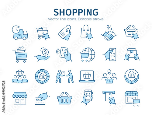 Shopping icon set, such as delivery, credit card, supermarket, sale and more. Vector illustration. Editable stroke.