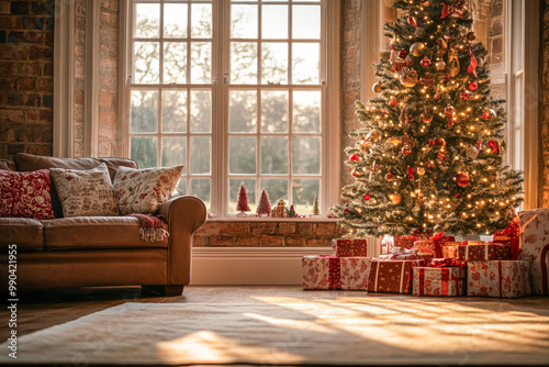 Cozy living room decorated for Christmas with a beautifully lit tree and wrapped presents near a sunny window in late afternoon