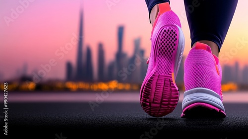 Running Towards the City Lights: A runner's pink shoes stride forward, their energy and focus pushing them towards a vibrant cityscape silhouetted against a breathtaking sunset.