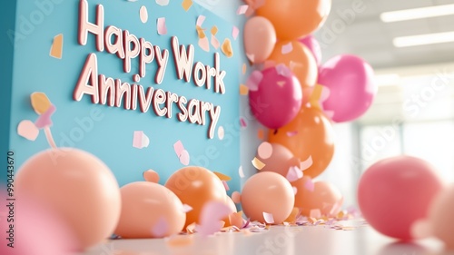 Colorful balloons and festive decorations for a work anniversary celebration, creating a joyful and cheerful atmosphere in an office setting.