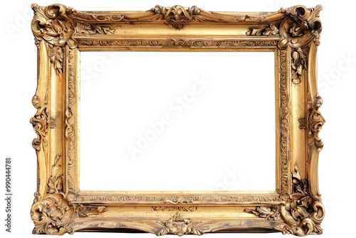 Picture In A Large Golden Frame. Vintage Retro Style, Adorned and Aged, Isolated on White Background