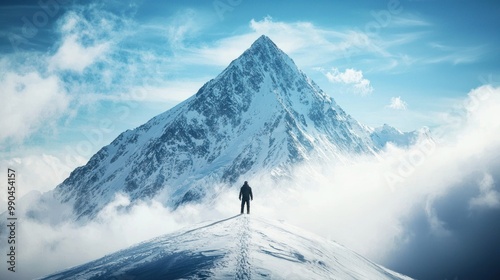 Conceptual image symbolizing ambition, a person standing at the foot of a mountain, gazing upward towards the peak, ready to conquer challenges