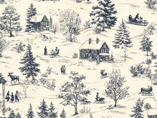 2408 28.A vintage-inspired Christmas Toile de Jouy seamless pattern featuring a winter snow scene with old-fashioned holiday elements, including ornate cottages, sleigh rides, and people gathering