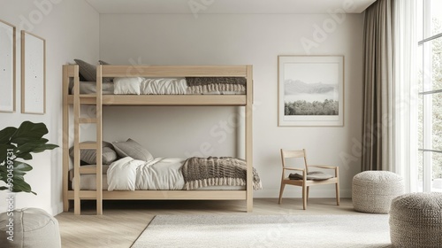 Nordic-inspired bedroom with minimalist bunk beds, featuring light wood, neutral tones, and clean lines. The simple design creates a cozy, uncluttered space.