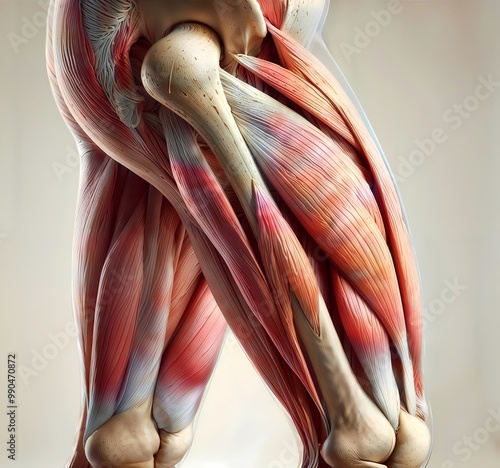 Anatomical illustration of sartorius muscle and quadriceps femoris group in human legs