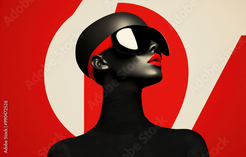 Stylish Avant-garde Woman Portrait with Bold Red and Black Color Scheme