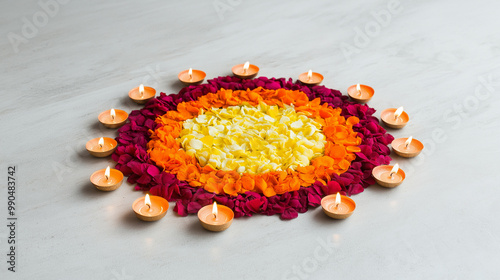 Rangoli design with vibrant colored powders and flower petals on a marble floor, lit diyas placed around it 