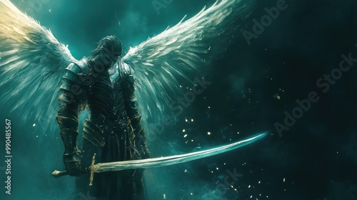 A dark angel with large white wings stands holding a sword, with a teal and black background, and particles of light floating in the air.