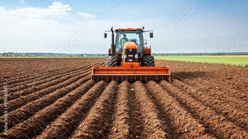 Agricultural vehicle with front-end clearing equipment, removing debris and preparing fields, modern farming machinery