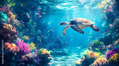 Vibrant Underwater Scene with Sea Turtle