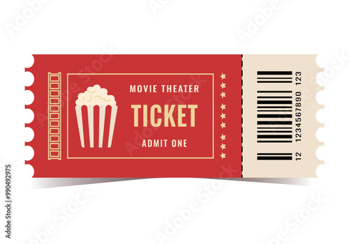 Movie theater ticket isolated on white background. Vector, movie, movie, popcorn, play, party, event, festival ticket realistic template red-white . Ticket icon for website.