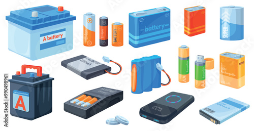 Battery accumulators type. Nickel or lithium cylinder batteries, recycle accumulator different types alkaline aa cell button electric charger power banks neat vector illustration