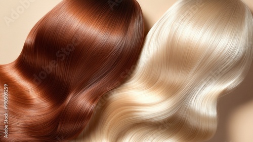 The image displays two luxurious hair strands, one auburn and one blonde, styled in soft waves that emphasize their shine and smooth texture amidst a simple backdrop