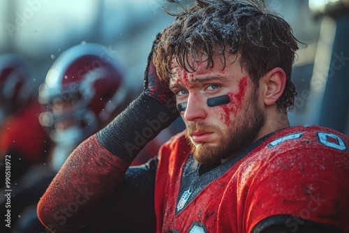 A football player sitting on the bench with a dazed expression holding his head representing the aftermath of a concussion.