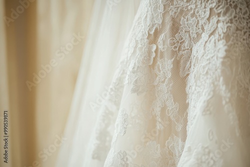 A close-up view of delicate lace on a wedding dress, showcasing intricate details and elegance for bridal-themed photography.