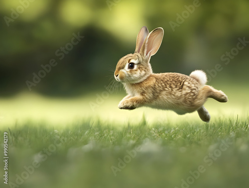 Easter bunny hopping through a green field.