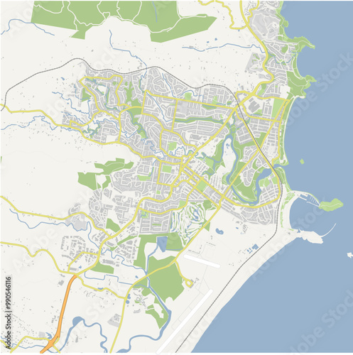 Map of Coffs Harbour in Australia in a normal road map style. Contains layered vector with roads water, parks, etc.