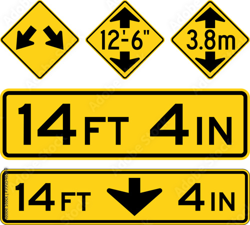 Low Clearance Warning Signs Collection Featuring Double Arrow, Metric Heights, and Bridge Overhead Clearance Indicators. Road signs in the United States.