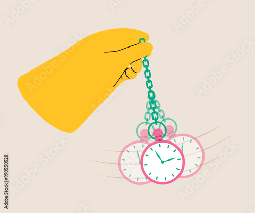 Hand holding pocket watch. Hypnosis concept silhouette. Colorful vector illustration