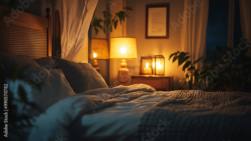 A cozy bedroom with warm lighting and plants, creating a relaxing atmosphere at night