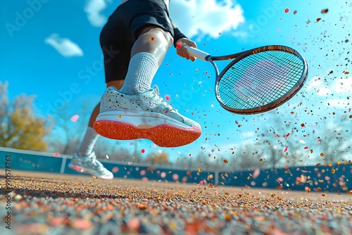 Tennis player striking the ground with powerful serve on the court