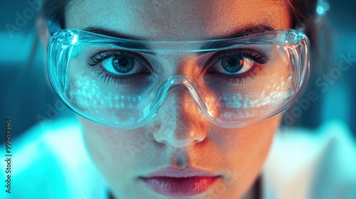 Female scientist with safety glasses, focused expression in laboratory setting.