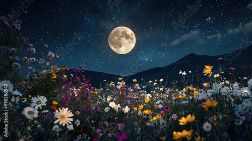 A peaceful night scene with a glowing full moon centered in a starry sky, softly illuminating a field of scattered flowers below.