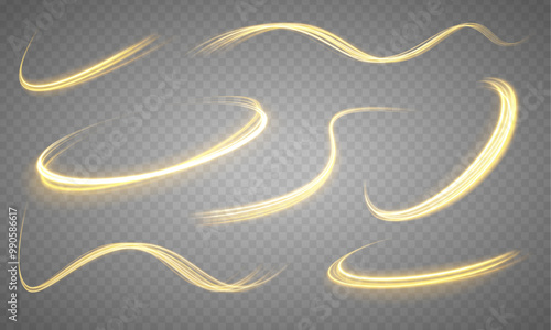 Shine magic gold swirl with flare sparkles. Rotating shining rings. Long exposure light painting photography, curvy lines of vibrant neon metallic yellow gold against a black background.