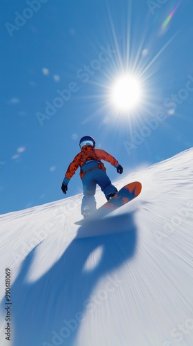 A snowboarder skillfully descends a snowy slope under a bright sun on a clear winter day, showcasing athleticism and adventure