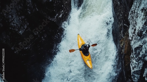 A kayaker navigates a thrilling waterfall, showcasing adventure and the beauty of nature from a breathtaking aerial perspective.