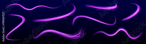 Set of neon blurry light circles at motion. Vibrant pink, purple, and blue lines creating dynamic abstract art on a dark background. Lines in the shape of a comet against a dark background. 