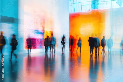 Blurred figures in a modern art center lobby