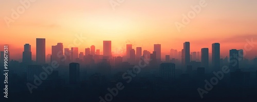 Stunning city skyline at sunset, showcasing silhouettes of skyscrapers against a vibrant, colorful sky.