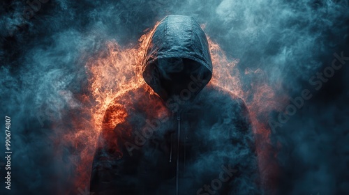 Mysterious figure shrouded in smoke and flames during a dramatic nighttime setting with eerie lighting effects