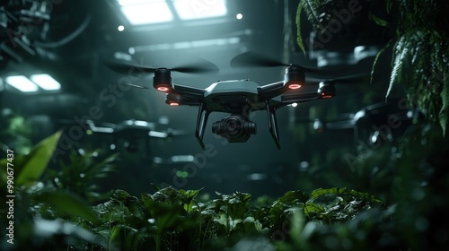 A high-tech drone flying through lush green foliage inside a laboratory setting, highlighting technological advancement in robotics and artificial intelligence for ecological research.