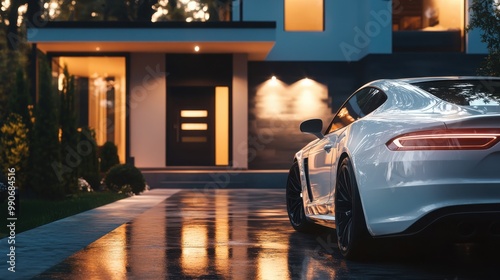 Luxury sports car parked outside a modern home during twilight with reflections on wet pavement