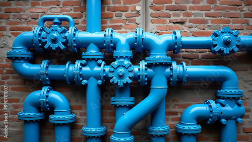 A intricately intertwined blue water pipeline, meandering against a weathered brick wall as its backdrop.