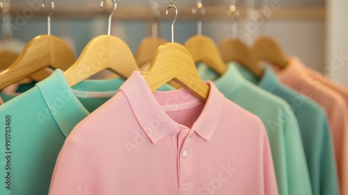 Colorful polo shirts displayed on hangers, creating a vibrant and stylish clothing arrangement for fashion enthusiasts.