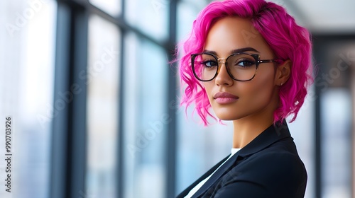 Successful lesbian entrepreneur with pink hair standing at an office window, sunlight illuminating her. A confident symbol of LGBTQ+ inclusion