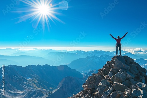 A tenacious individual conquering a steep peak, reveling in victory beneath a vibrant sky, epitomizing strength and aspiration.