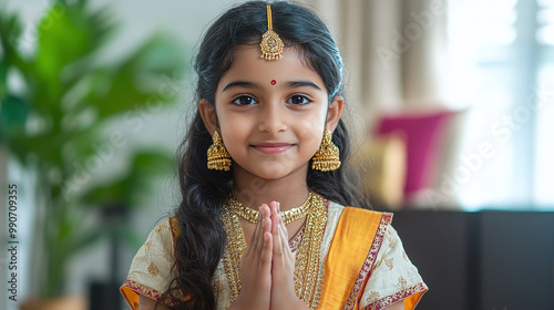 Happy indian girl with traditional ethnic dress showing namaste gesture by looking at camera during festival celebration at home - concept of welcome, greetings and Indian culture