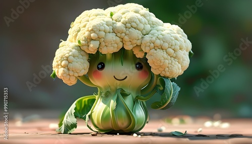 whimsical cauliflower cartoon character with a cheerful expression and playful features