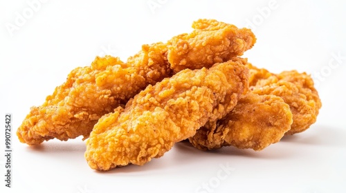 Crispy chicken fingers against a plain white backdrop.