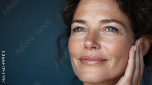 Smiling woman touching face with serene expression.