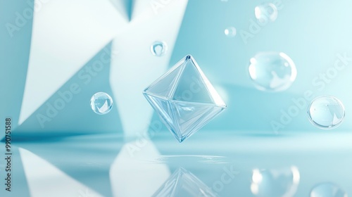 Spectacular view of clear, transparent crystal-like ice cubes floating on a blue background. Abstract concept of reflections and the coldness of liquid to solid.