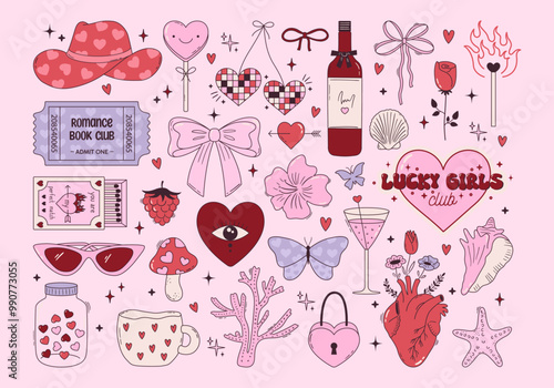 Set of y2k pink girly clipart. Cute cowboy hat, bow, heart, matches, shell, cup. Trendy coquette stickers. 2000s aesthetic. Funky vector elements for card, poster, collage design