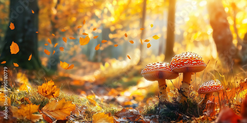 Fly agaric in autumn forest. Beautiful nature scene with mushrooms