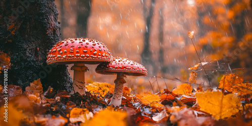 Fly agaric in autumn forest. Beautiful nature scene with mushrooms