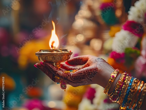 Vibrant Hindu Ritual, a close-up of a hand holding an ornate brass oil lamp during aarti, adorned with colorful bangles, festive atmosphere, beautifully decorated deity idol in background.