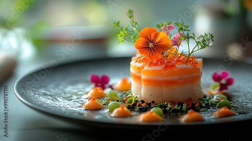 exquisite plated dish michelinstar presentation vibrant colors artistic food arrangement gourmet culinary art